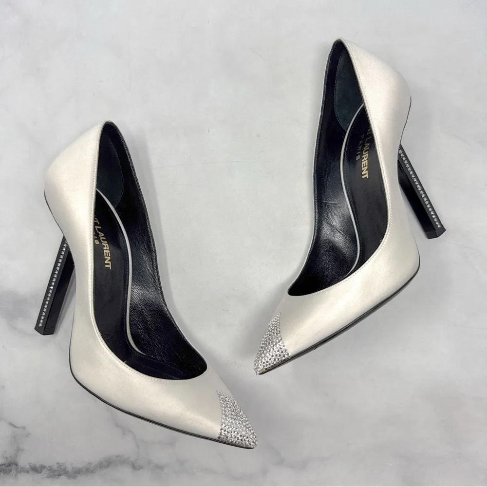 Saint Laurent Tower 110 Strass Embellished Silk Satin Pointed Toe Pump Heel 36.5